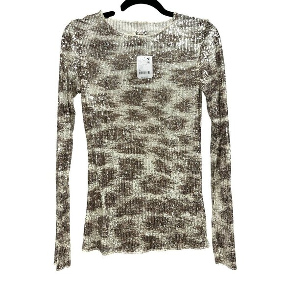 Free People Gold Rush Size XS Animal Print Sequin Top Shirt NWT - Picture 3 of 6